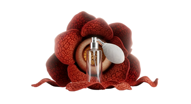 Perfume Bottle Rests on Rafflesia Flower, Displaying Fragrance, Elegance, and Beauty, Isolated