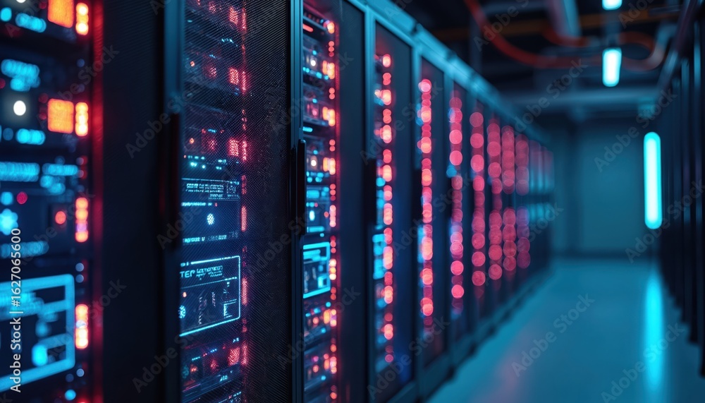 Poster computer servers arranged in grid-like pattern with network cables. black servers with white and gra