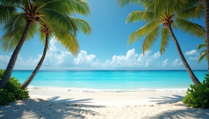 Fototapeta premium Tropical beach scene with clear blue ocean water, vibrant green palm trees framing white sand. Gentle waves lap shore under bright sunny sky with scattered clouds. Serene seaside paradise offers
