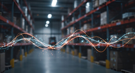 Futuristic smart warehouse showing digital data streams and analytics from an advanced WMS for supply chain optimization and inventory management.
