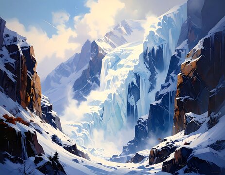 Snowy mountain pass with icy waterfall