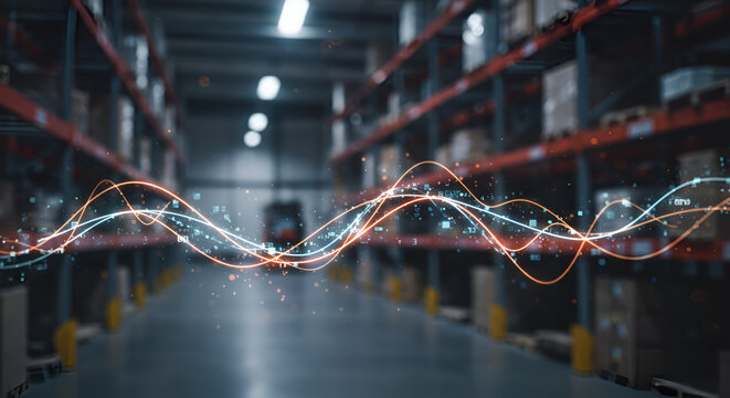 Futuristic smart warehouse showing digital data streams and analytics from an advanced WMS for supply chain optimization and inventory management. - Powered by Adobe