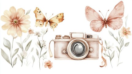 A camera with flowers and butterfly clip art, watercolor illustration, pastel colors in the style white background, spring theme, highly detailed