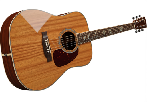 Acoustic guitar with polished wood finish and intricate fretboard inlays isolated on a transparent background