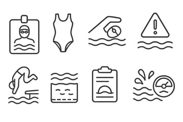 Swimming safety outline icon set. water, pool, lifeguard, warning icons collection