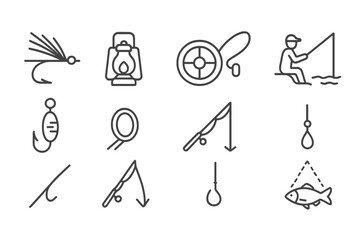 Fishing, angling line icon set. equipment, adventure, outdoor sports outline collection