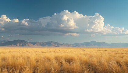 Fototapeta premium Vast open field with tall golden grass swaying in breeze. Field extends towards distant mountains. Clear blue sky dotted with fluffy white clouds. Panoramic landscape from high vantage point. Golden