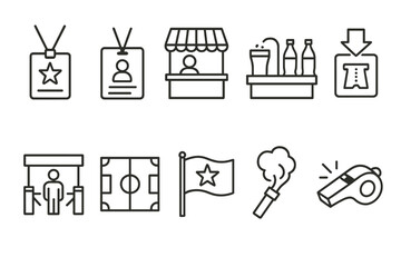 Sports and event line icon set. tickets, venue, game and whistle icons outline collection