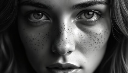 Fototapeta premium Black and white close-up portrait of young woman face. Her features include prominent freckles, captivating eyes, and soft lips. Dramatic studio lighting creates atmosphere of mystery and elegance.