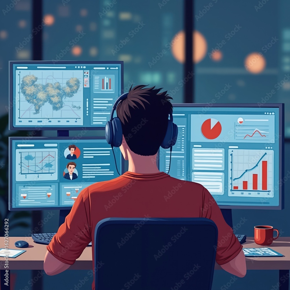Poster man with headphones works on virtual coworking platform with multiple screens showing productivity m