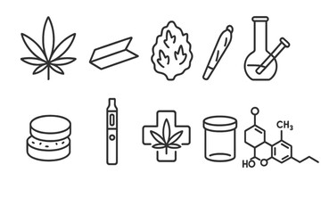Cannabis, marijuana outline icon set. legalization, hemp icons outline collection
