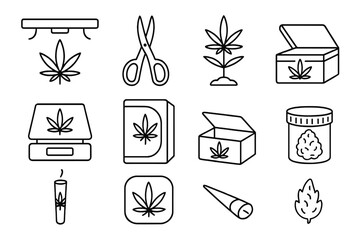 Cannabis and hemp outline icon set: plant, leaf, products, packaging, smoker tools