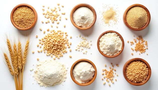 Top view of Indian flour atta, grains, seeds arranged in wooden bowls on white background. Features wheat ears, soybeans, fine powders like protein, fiber. Healthy staple ingredient for cooking,