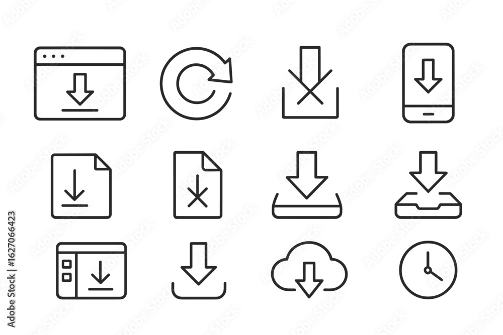 Poster download and update line icon set. efficient management symbols in outline style