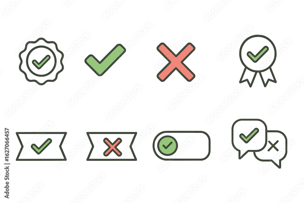 Poster approval and rejection line icon set. simple decision-making outline icons collection