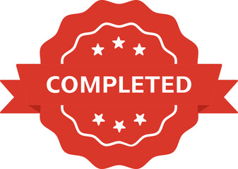 Red completed badge with stars and ribbon in flat design style. Vector illustration