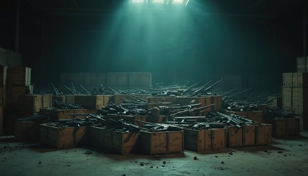 Vast stockpile of firearms piled in wooden crates within a dimly lit warehouse. Rifles and guns fill the containers, creating an atmosphere of intense power and potential danger. - Powered by Adobe