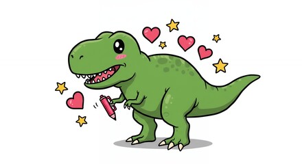 Naklejka premium Cartoon dinosaur illustration with hearts and stars on white background