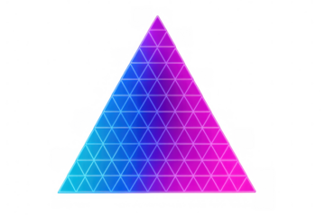 Bright neon geometric triangle shape with a gradient from blue to pink, creating a vibrant and futuristic design on a transparent background
