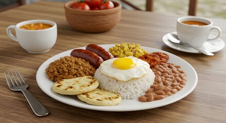A Culinary Canvas: A mouthwatering feast of Colombian breakfast, artfully arranged on a plate, is a perfect example of the ultimate comfort food. the scene, capturing a warm, inviting.