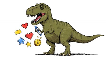 Obraz premium Cartoon tyrannosaurus rex holding object emitting colorful shapes illustration