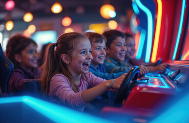 Excited children race in arcade game simulators in brightly lit entertainment center. Young boys, girls grip steering wheels, faces lit with joy, concentration. Playful scene captures childhood fun,