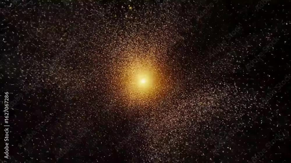 Poster golden light explosion with sparkling particles on dark background animation