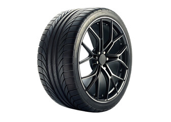 Obraz premium Black performance tire with intricate alloy wheel isolated on a transparent background rubber tread