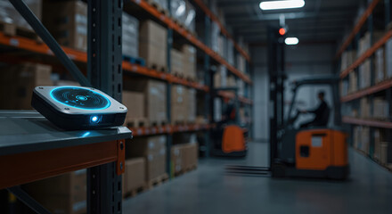Advanced WMS technology with a smart sensor hub on a rack, streamlining warehouse inventory management and logistics with automated data collection.