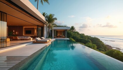 Luxurious modern villa with infinity pool offers stunning ocean views from spacious terrace, rich tropical gardens. Contemporary design, elegant furnishings, exclusive beachfront location create