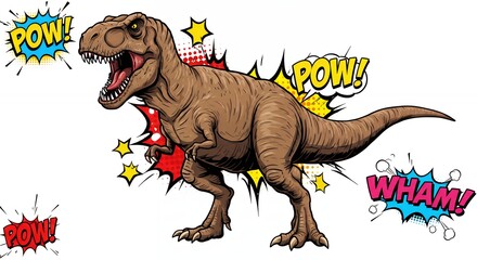T rex dinosaur illustration in comic style with action words