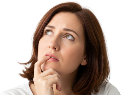 Woman with brown hair biting her fingernail and looking upwards conveying deep thought