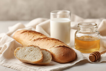 Freshly baked baguette with slices, served alongside a glass of milk and a jar of golden honey on a soft cloth