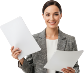 Smiling businesswoman holding blank white documents wearing a gray plaid blazer