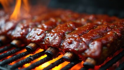 Close-up of juicy barbecue ribs slathered in thick, savory sauce grilling over open flames. Tender meat glistens with glaze, promising epicurean delight. Smoldering heat, smoky aroma enhance