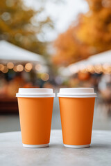 Two orange paper coffee cups mockup with white lids on a table in a cozy autumn outdoor setting
