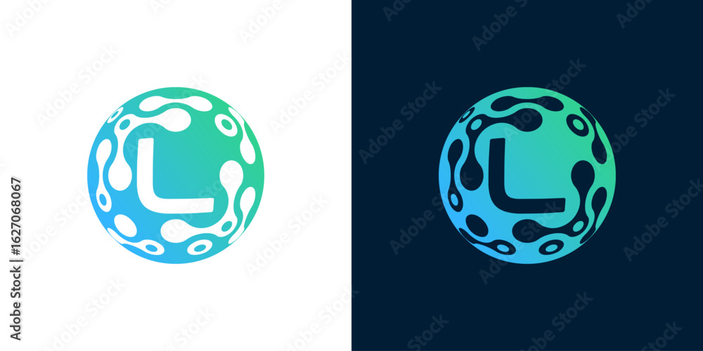 Poster letter l logo design with abstract ball technology digital data connection with green gradient color