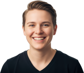 A happy smiling person with short brown hair wearing a black v neck shirt