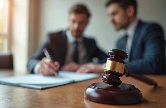 Lawyers in suits discuss contract, sign document in courtroom office with judge gavel on wooden table. Business meeting focuses on legal advice, agreements, litigation, negotiation, and legal system.