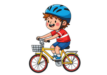 Cheerful boy riding yellow bicycle wearing blue helmet isolated on a transparent background image