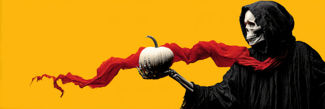 Skeleton in black cloak holds white pumpkin with flowing red ribbon against yellow background