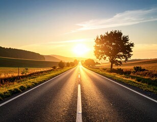 Obraz premium Sunrise Country Road With Golden Light