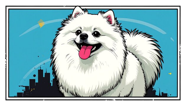 Cute white Pomeranian against a teal backdrop with a city skyline