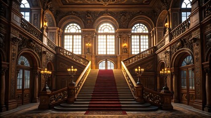 Fototapeta premium Grand ornate staircase in historic building with wooden details, large arched windows, chandeliers, and red carpet symbolizing luxury and classical architecture