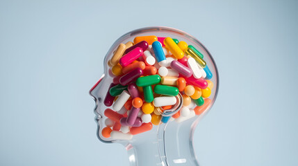 Transparent human head filled with colorful pills medication pharmaceutical mental health concept