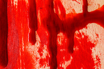 Dripping Blood Stains on Wood Texture.Abstract Red Paint Dripping on Wood Texture.