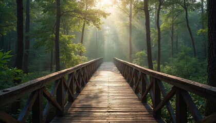 Fototapeta premium Wooden bridge in green forest with sun rays. Pathway through woods, travel adventure, nature walk, park. Tranquil scene with trees, sunlight, forest trees background.