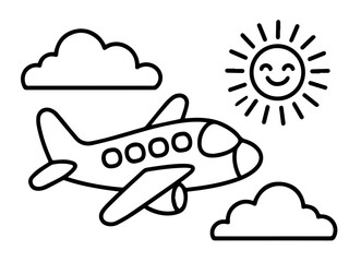 Clean and modern vector  airplane flying in the sky with clouds and sun vector illustration drawing