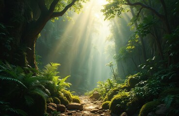 Fototapeta premium Sunbeams stream through rich jungle ravine illuminating winding path. Verdant foliage, moss-covered rocks, dense trees create mysterious, serene atmosphere. Explore exotic, vibrant rainforest, hidden