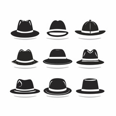 Set of classic men's hat icons. Black silhouette vector collection of fedora, trilby, and bowler hats for fashion or gentleman design.